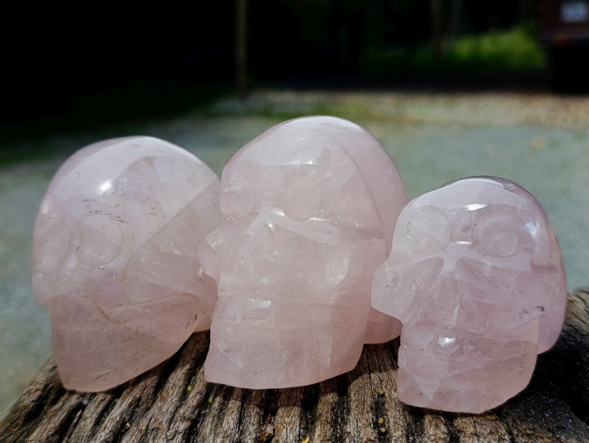 Hand Made Gemmy Rose Quartz Skulls x 3 From Madagascar