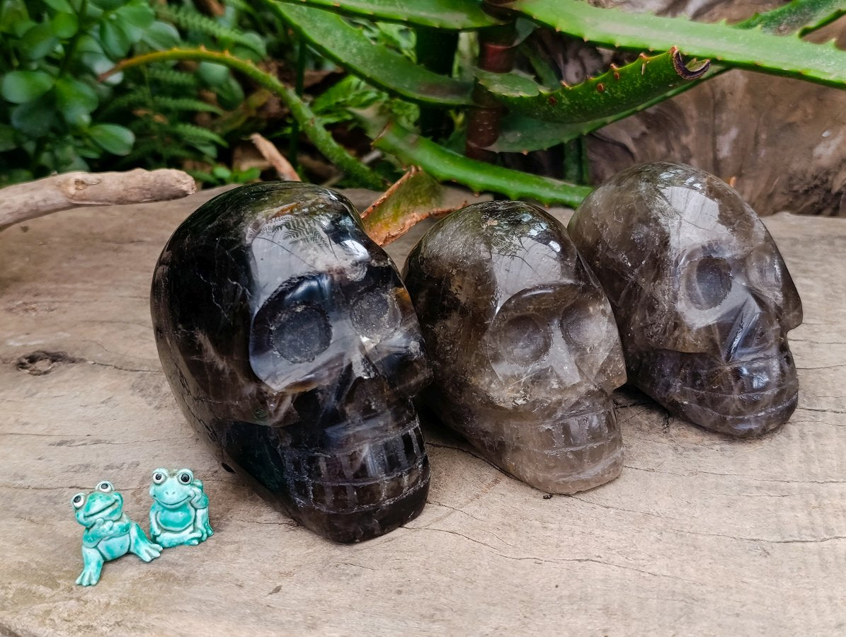 Hand Made Smokey Window Quartz Skulls x 3 From Madagascar