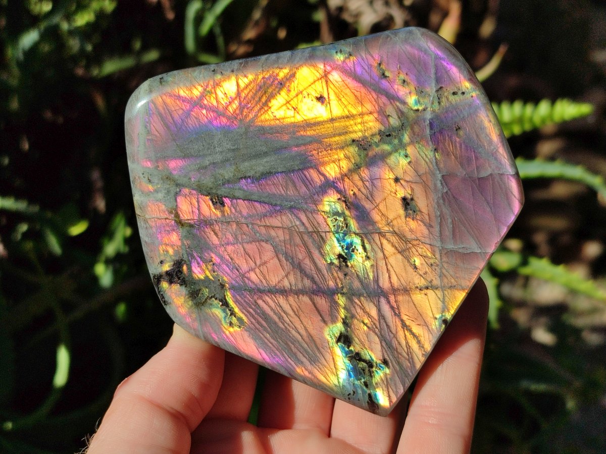 Polished Rare Purple Sunset Flash Labradorite Standing Free Forms x 3 From Madagascar