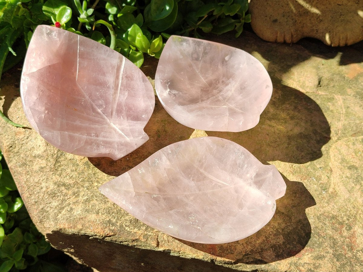 Hand Made Gemmy Rose Quartz Leaf Bowls x 6 From Madagascar