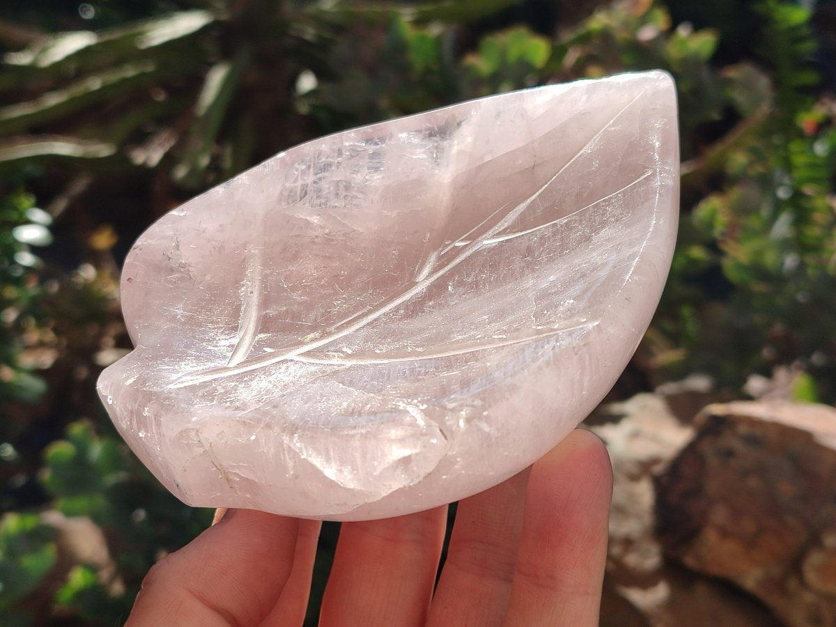 Hand Made Gemmy Rose Quartz Leaf Bowls x 6 From Madagascar