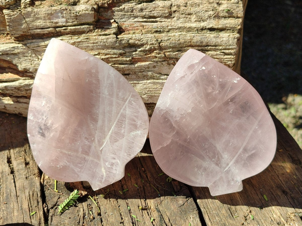 Hand Made Gemmy Rose Quartz Leaf Bowls x 6 From Madagascar