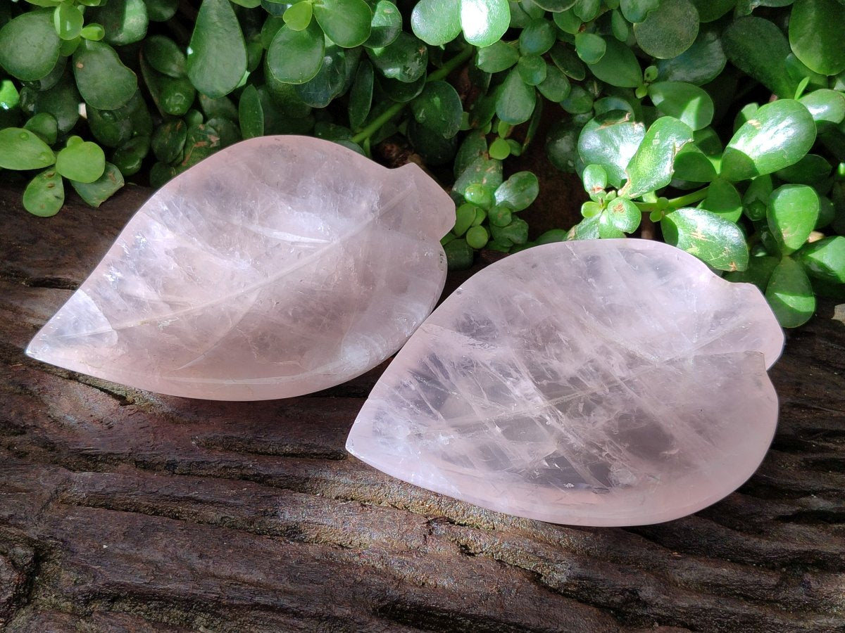 Hand Made Gemmy Rose Quartz Leaf Bowls x 6 From Madagascar