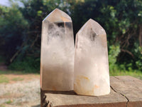 Polished Wispy Phantom Smokey Quartz Crystals x 2 From Madagascar