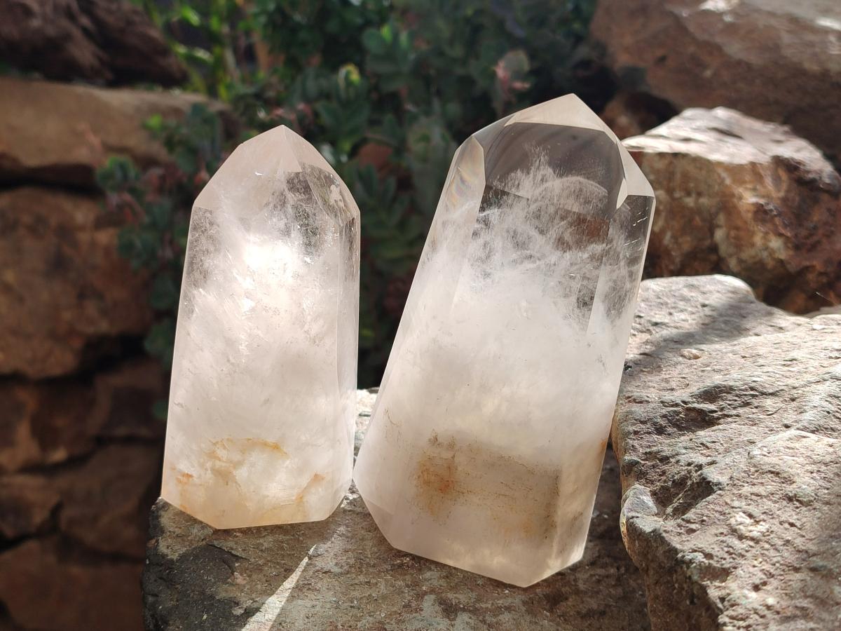 Polished Wispy Phantom Smokey Quartz Crystals x 2 From Madagascar