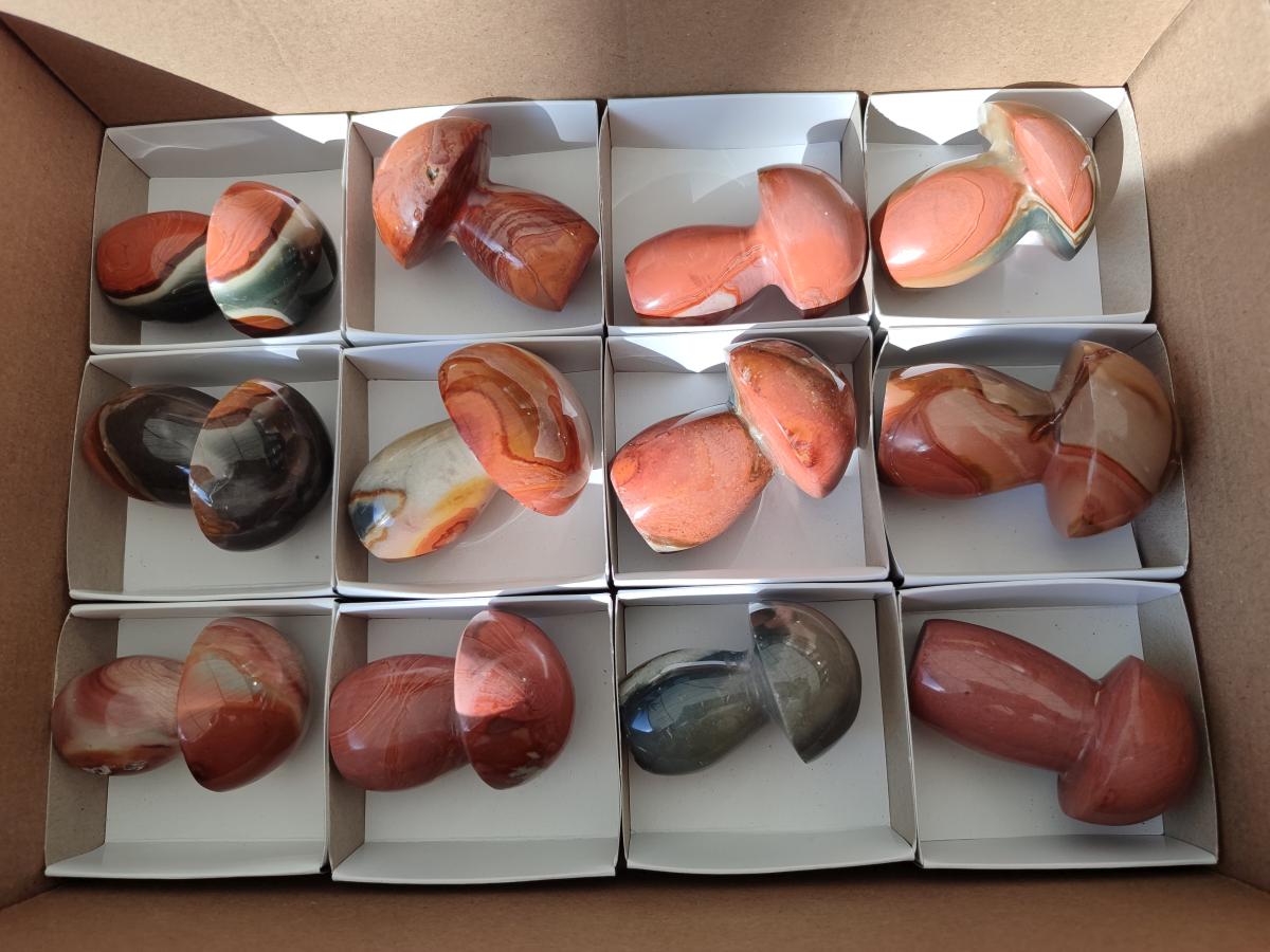 Polished Polychrome Jasper Mushrooms x 12 From NW Coast, Madagascar