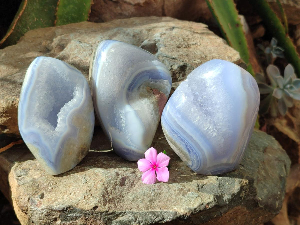 Polished Blue Lace Agate Standing Free Forms x 3 From Nsanje, Malawi
