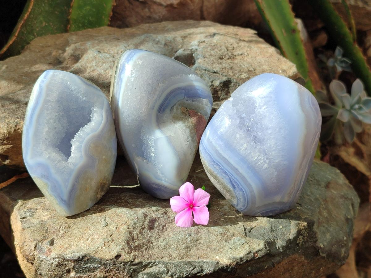 Polished Blue Lace Agate Standing Free Forms x 3 From Nsanje, Malawi