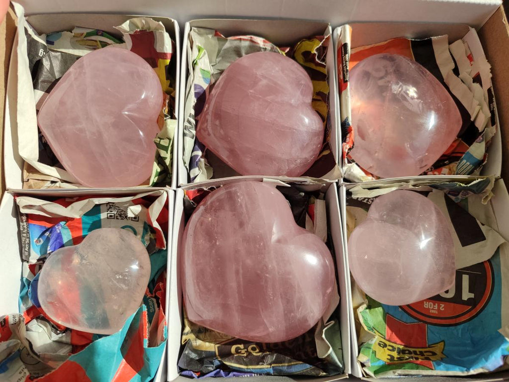 Polished Gemmy Rose Quartz Hearts x 6 From Madagascar