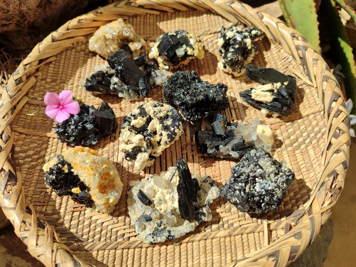 Natural Schorl Black Tourmaline with Feldspar Specimens x 12 From Erongo, Namibia