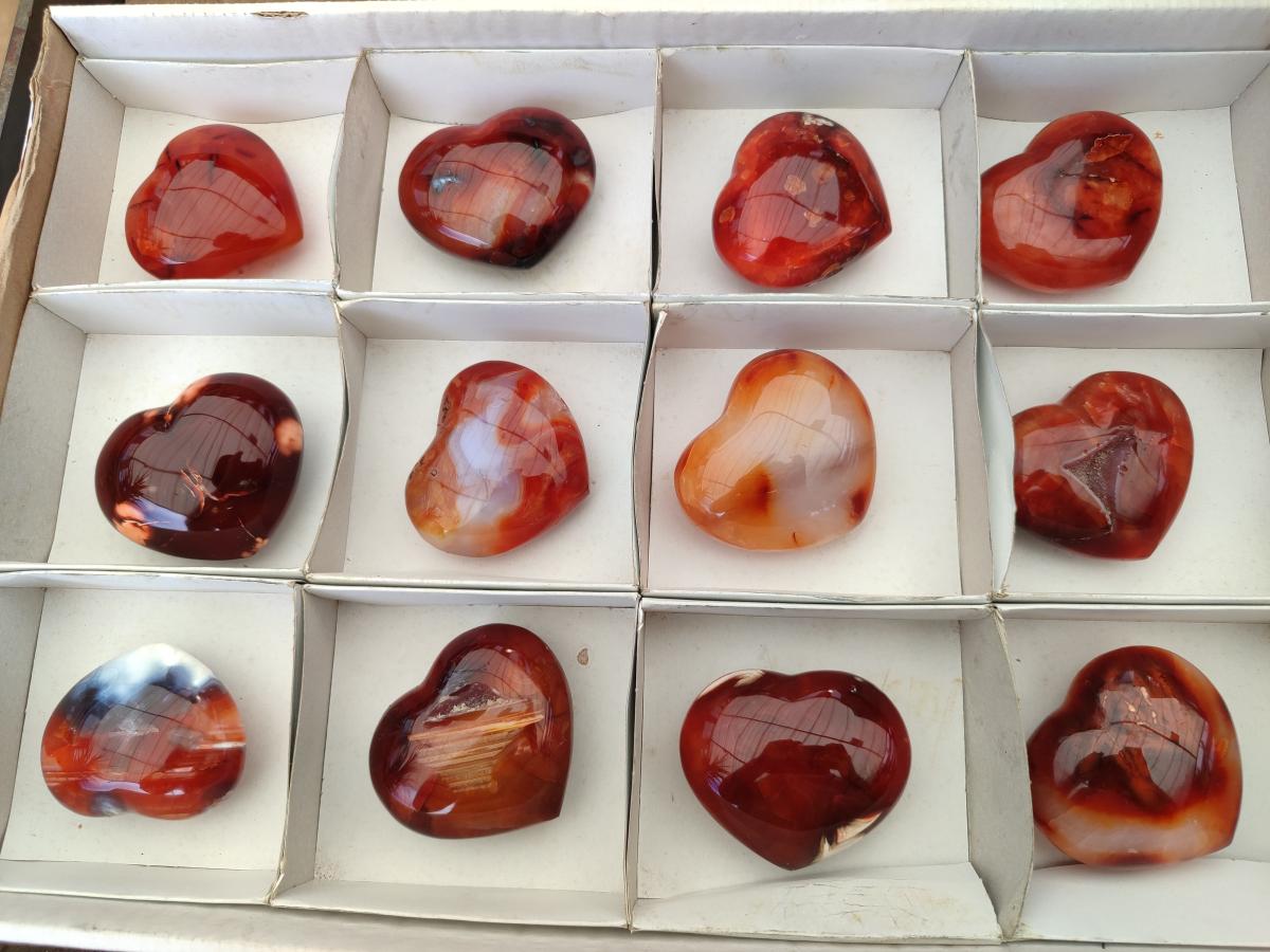 Polished Carnelian Agate Gemstone Hearts x 12 From Madagascar