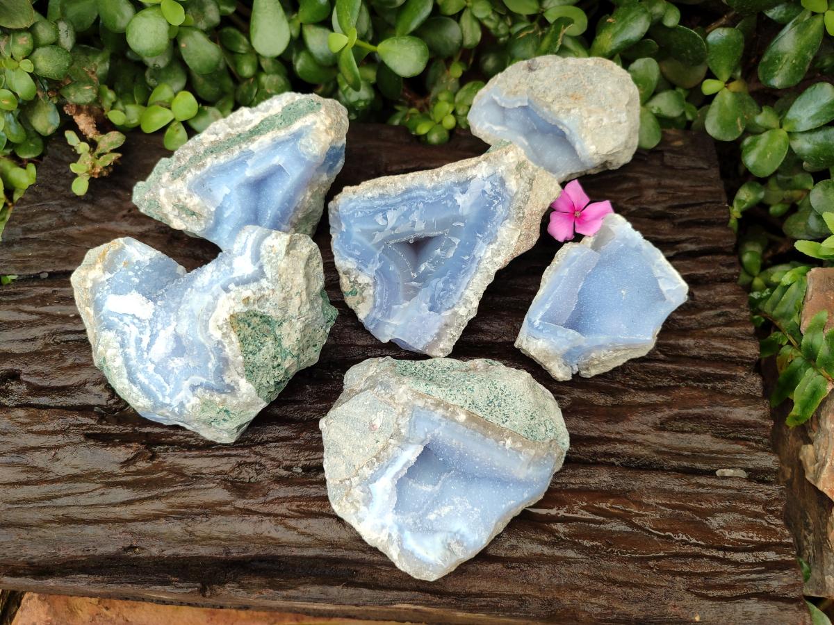Natural Blue Lace Agate Geode Specimens x 6 From Nsanje, Malawi