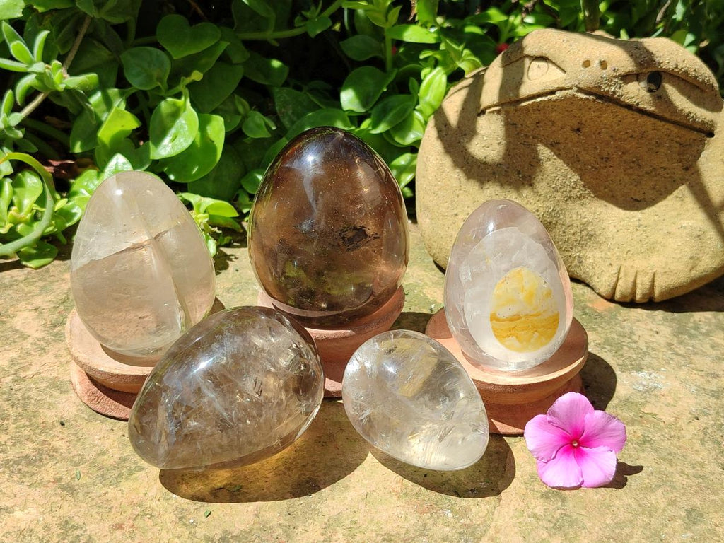 Polished Smokey Window Quartz Eggs x 5 From Madagascar
