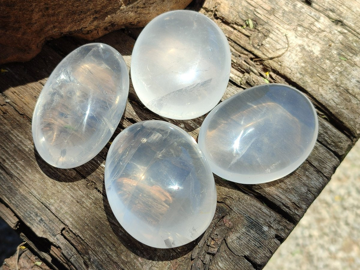 Polished Girasol Pearl Quartz Palm Stones x 12 From Ambatondrazaka, Madagascar