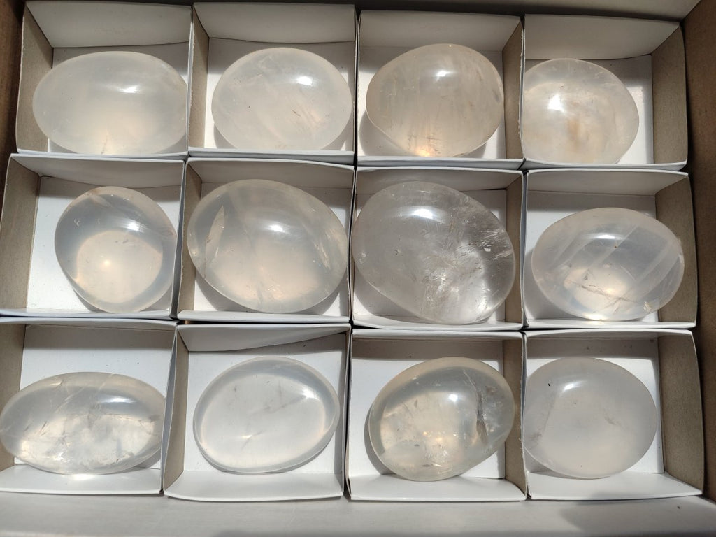 Polished Girasol Pearl Quartz Palm Stones x 12 From Ambatondrazaka, Madagascar