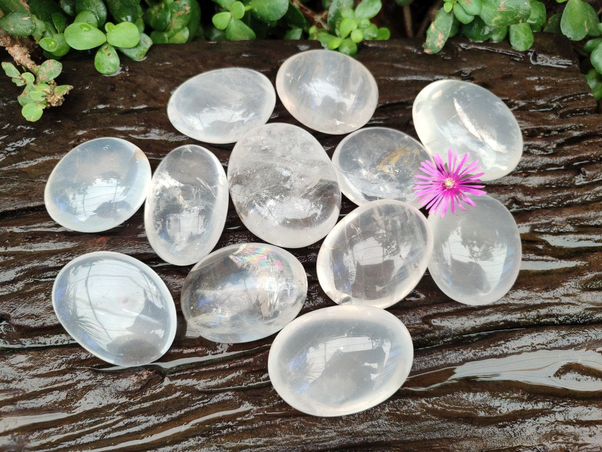 Polished Girasol Pearl Quartz Palm Stones x 12 From Ambatondrazaka, Madagascar