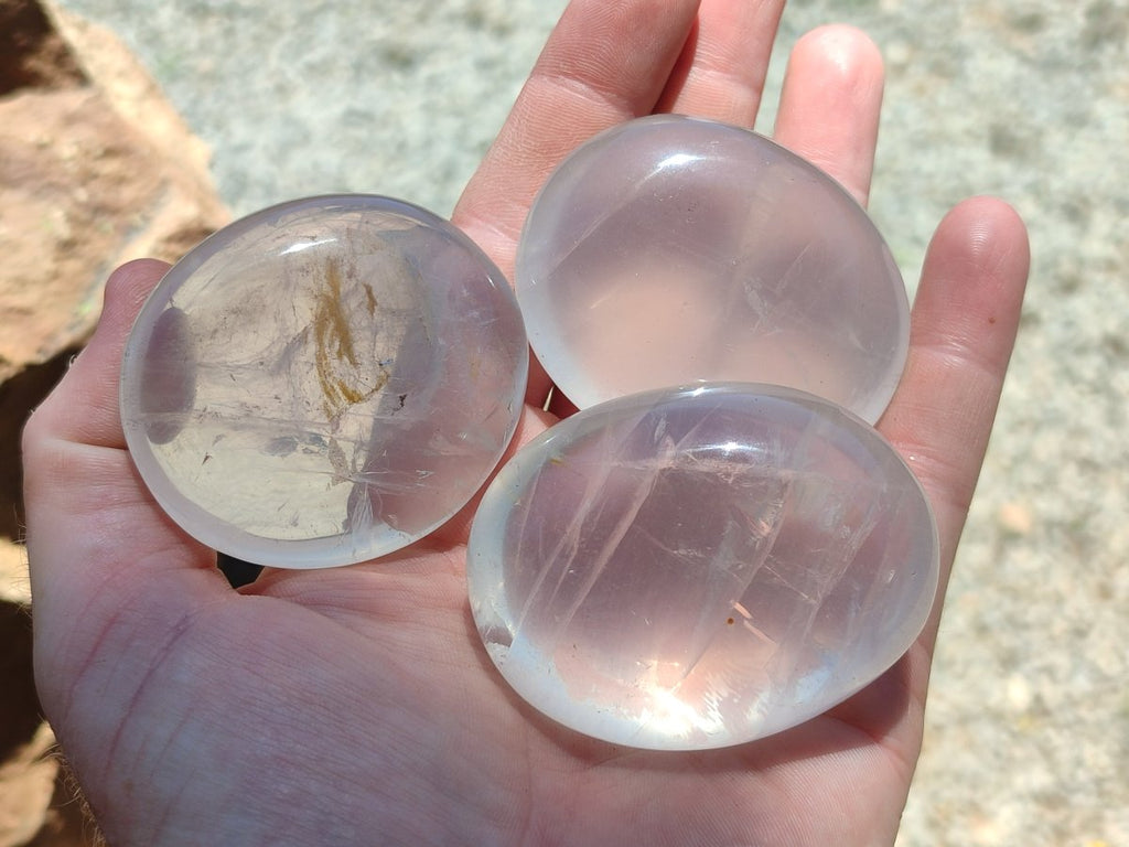 Polished Girasol Pearl Quartz Palm Stones x 12 From Ambatondrazaka, Madagascar