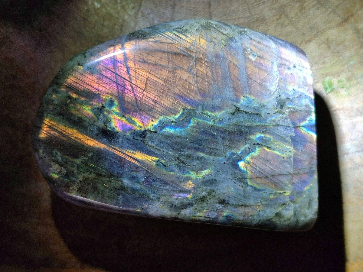 Polished Rare Purple Sunset Flash Labradorite Standing Free Forms x 3 From Madagascar