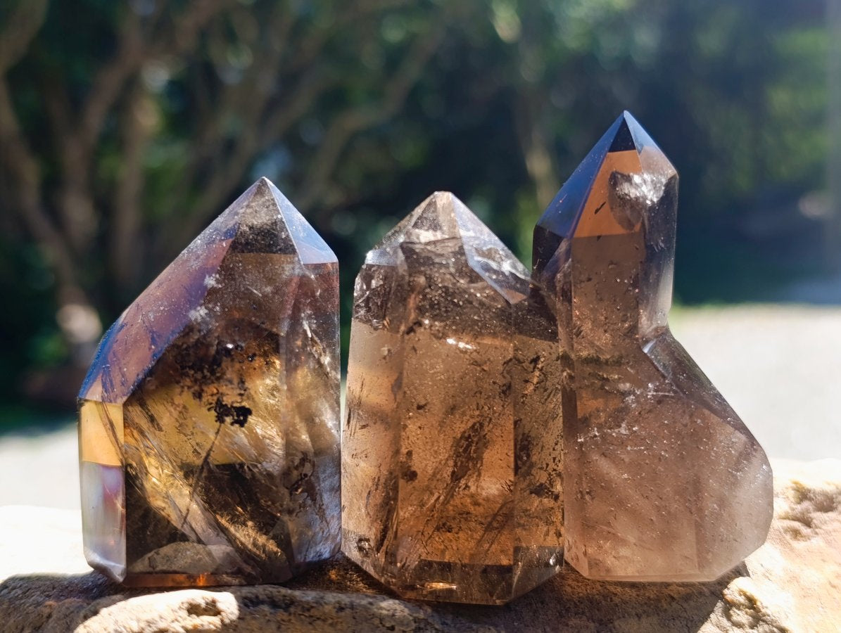 Polished Smokey Window Quartz Crystals x 12 From Madagascar
