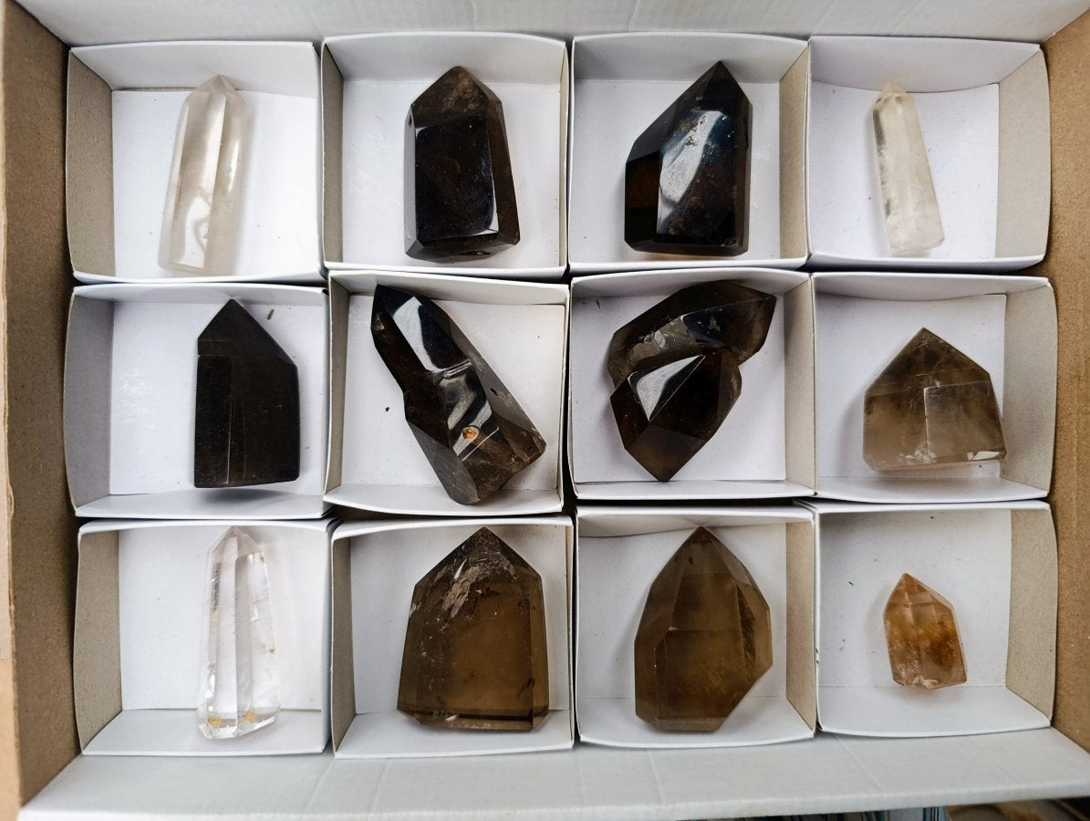Polished Smokey Window Quartz Crystals x 12 From Madagascar