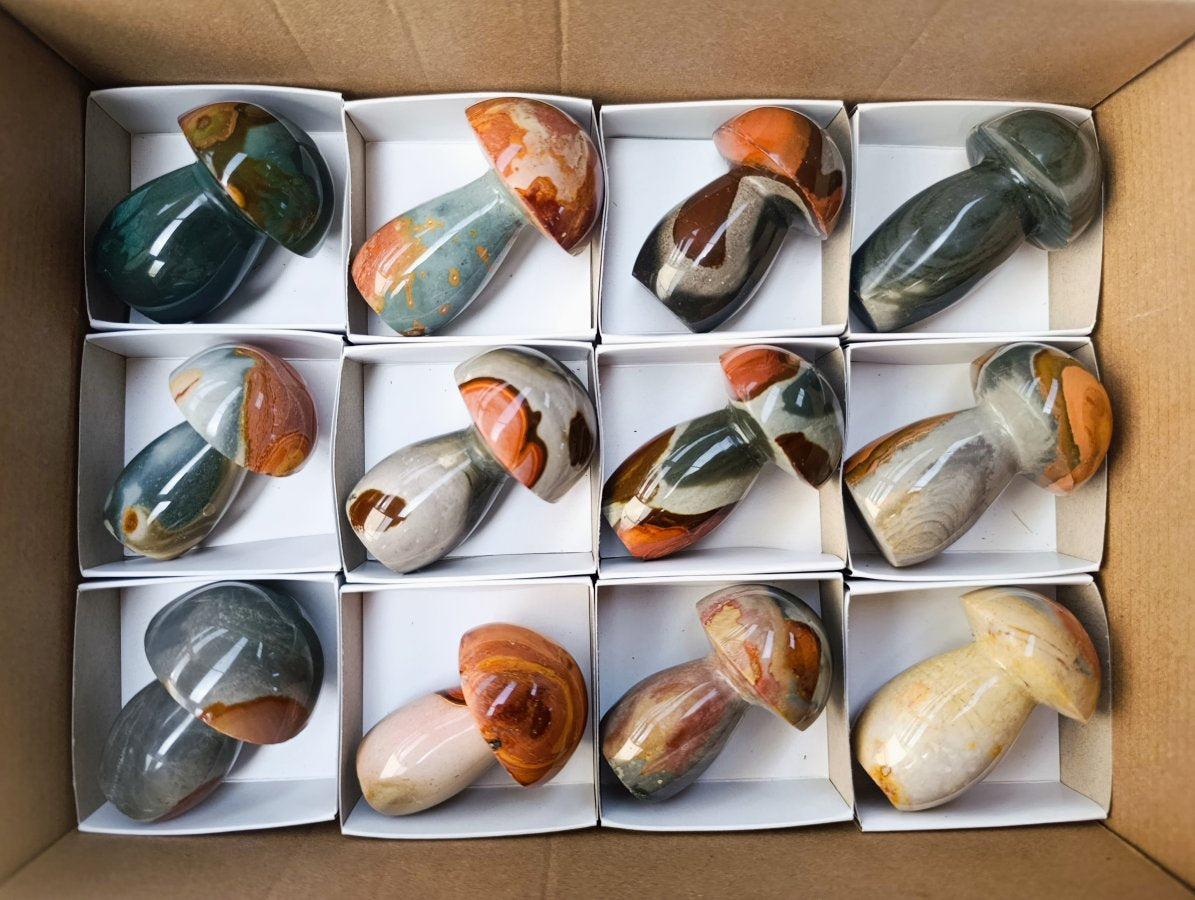 Polished Polychrome Jasper Mushrooms x 12 From NW Coast, Madagascar