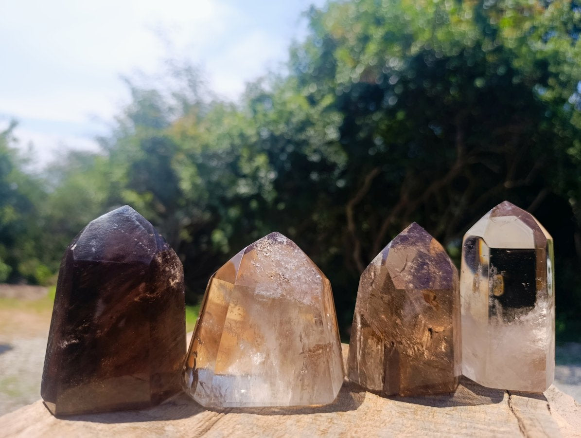 Mixed Polished Smokey Window Quartz Crystals x 4 From Madagascar