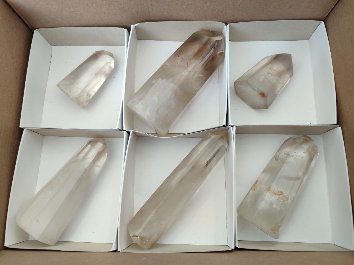 Polished Wispy Phantom Smokey Quartz Crystals x 6 From Madagascar