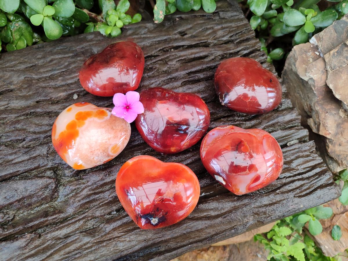 Polished Carnelian Agate Gemstone Hearts x 6 From Madagascar - Toprock Gemstones and Minerals 