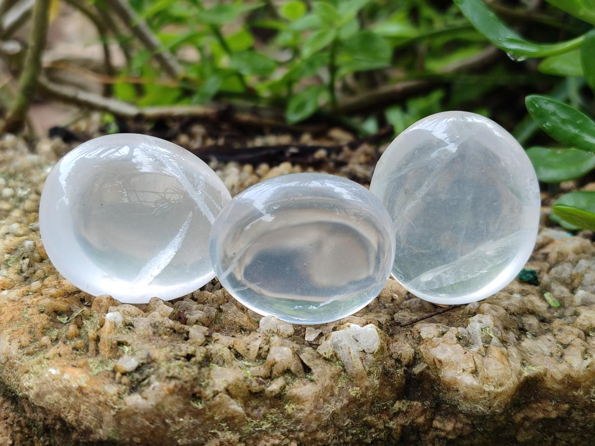 Polished Small Girasol Pearl Quartz Palm Stones x 35 From Ambatondrazaka, Madagascar