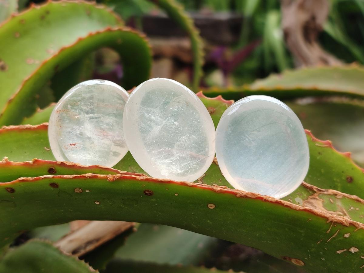 Polished Small Girasol Pearl Quartz Palm Stones x 35 From Ambatondrazaka, Madagascar