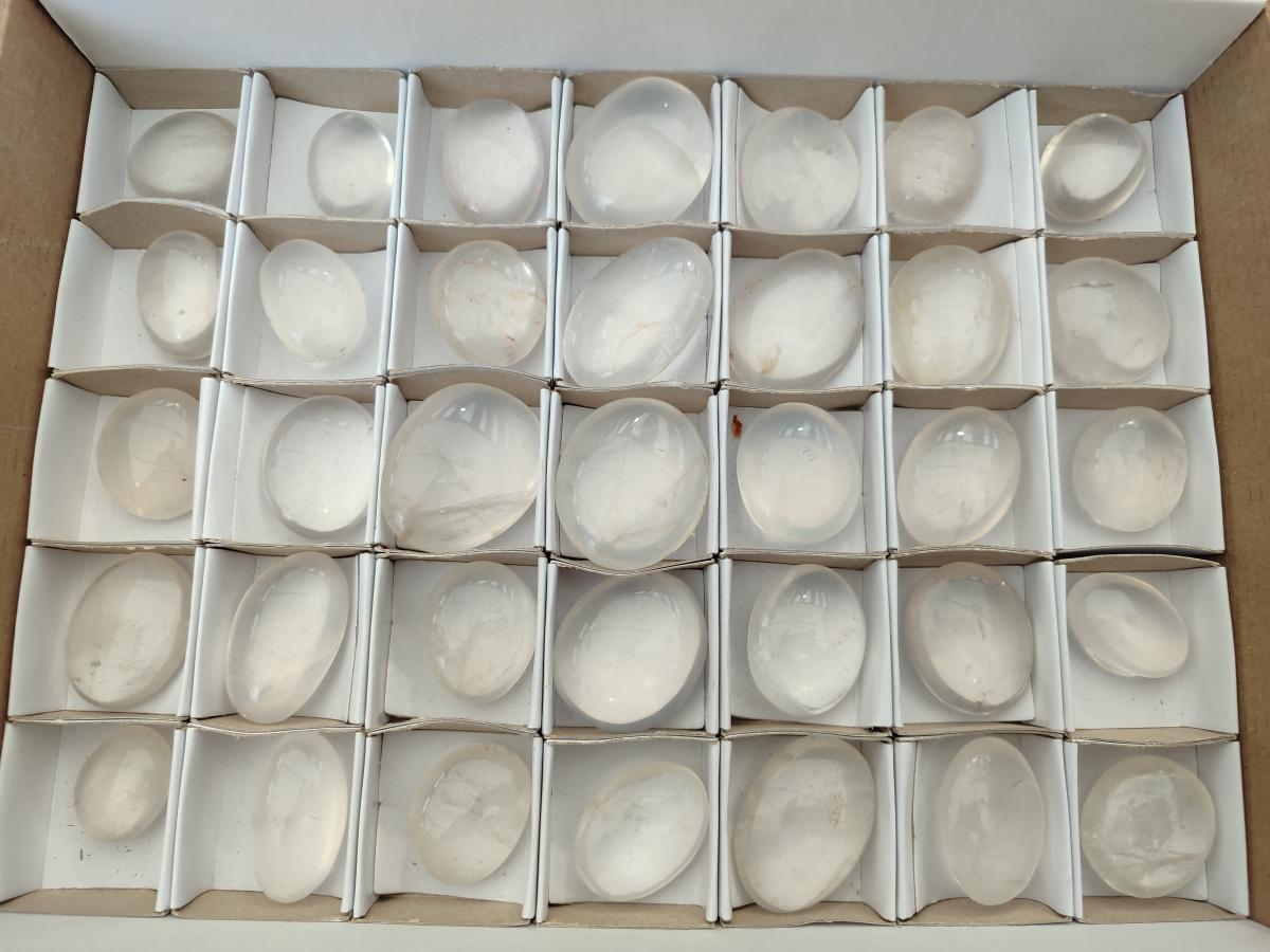 Polished Small Girasol Pearl Quartz Palm Stones x 35 From Ambatondrazaka, Madagascar