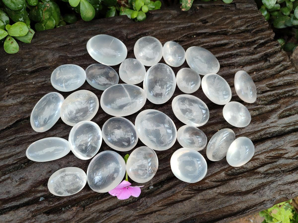 Polished Small Girasol Pearl Quartz Palm Stones x 35 From Ambatondrazaka, Madagascar