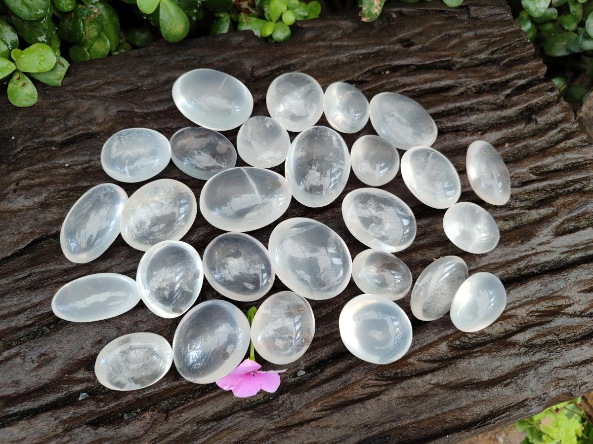 Polished Small Girasol Pearl Quartz Palm Stones x 35 From Ambatondrazaka, Madagascar