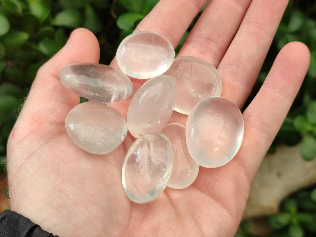 Polished Small Girasol Pearl Quartz Palm Stones x 35 From Ambatondrazaka, Madagascar