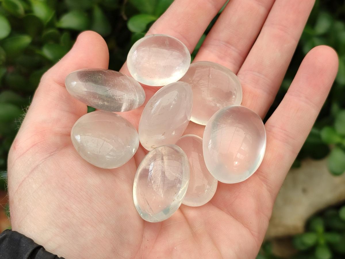 Polished Small Girasol Pearl Quartz Palm Stones x 35 From Ambatondrazaka, Madagascar