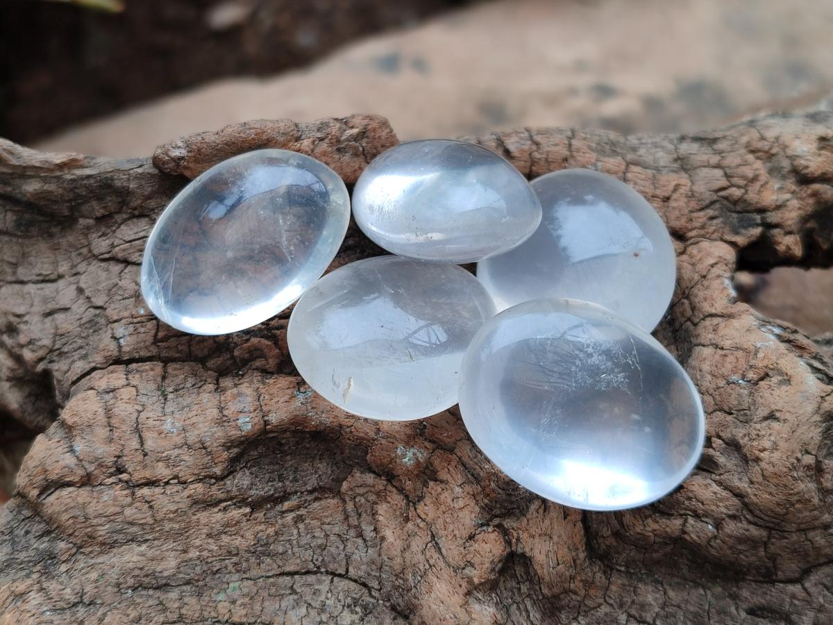 Polished Small Girasol Pearl Quartz Palm Stones x 35 From Ambatondrazaka, Madagascar