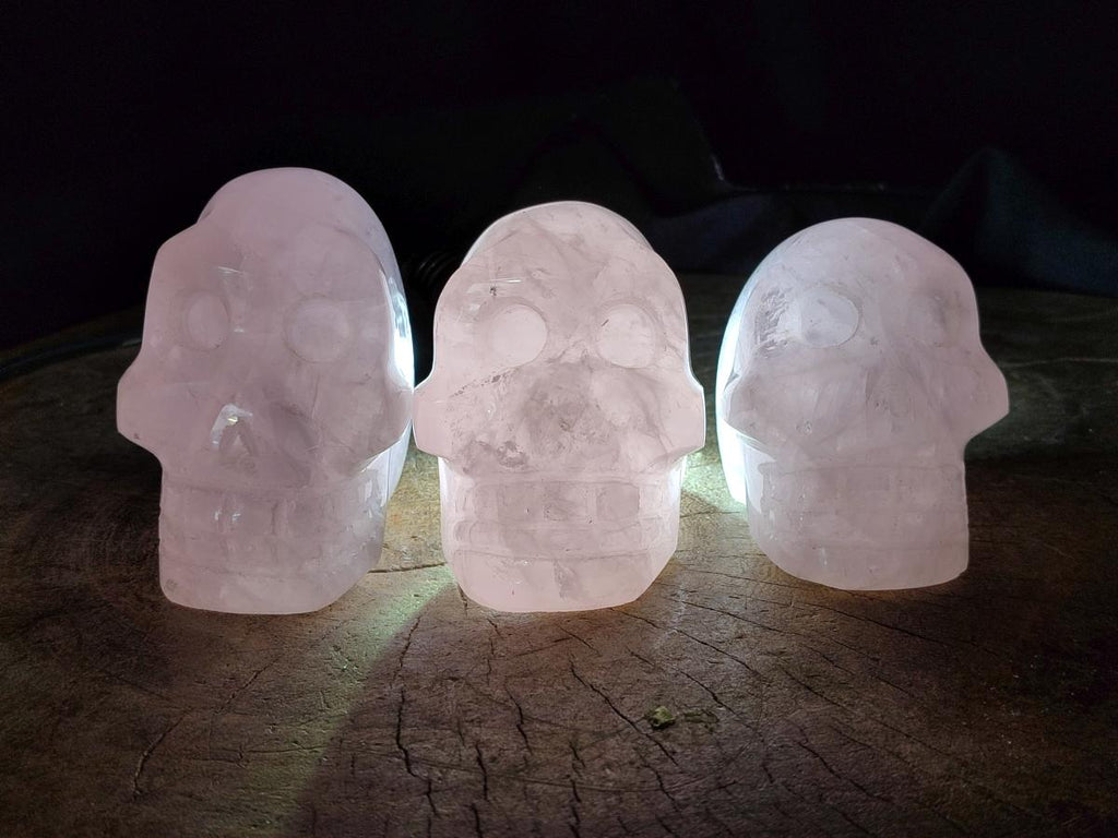 Hand Made Gemmy Rose Quartz Skull Carvings x 3 From Madagascar