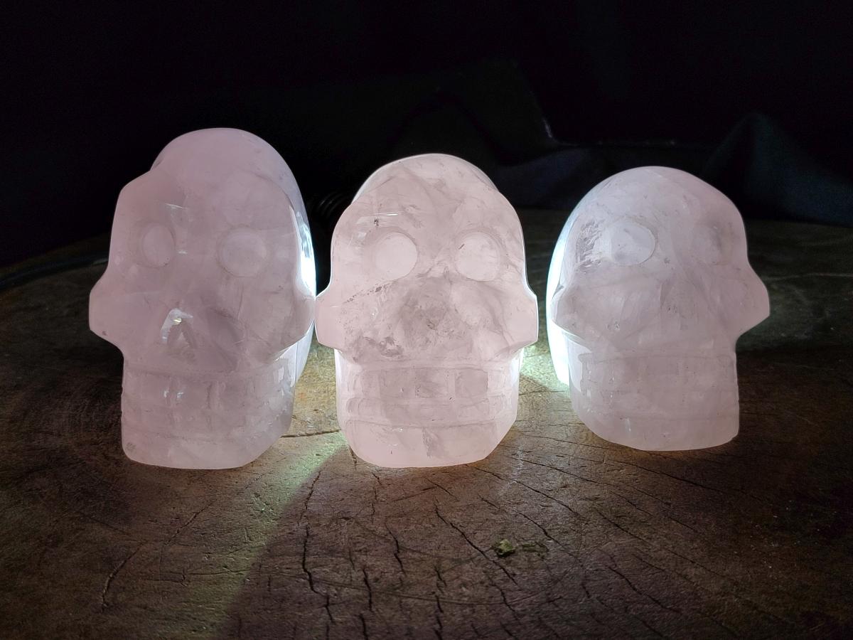Hand Made Gemmy Rose Quartz Skull Carvings x 3 From Madagascar