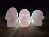 Hand Made Gemmy Rose Quartz Skull Carvings x 3 From Madagascar