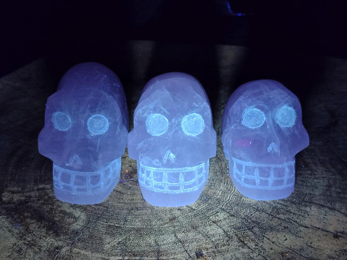 Hand Made Gemmy Rose Quartz Skull Carvings x 3 From Madagascar