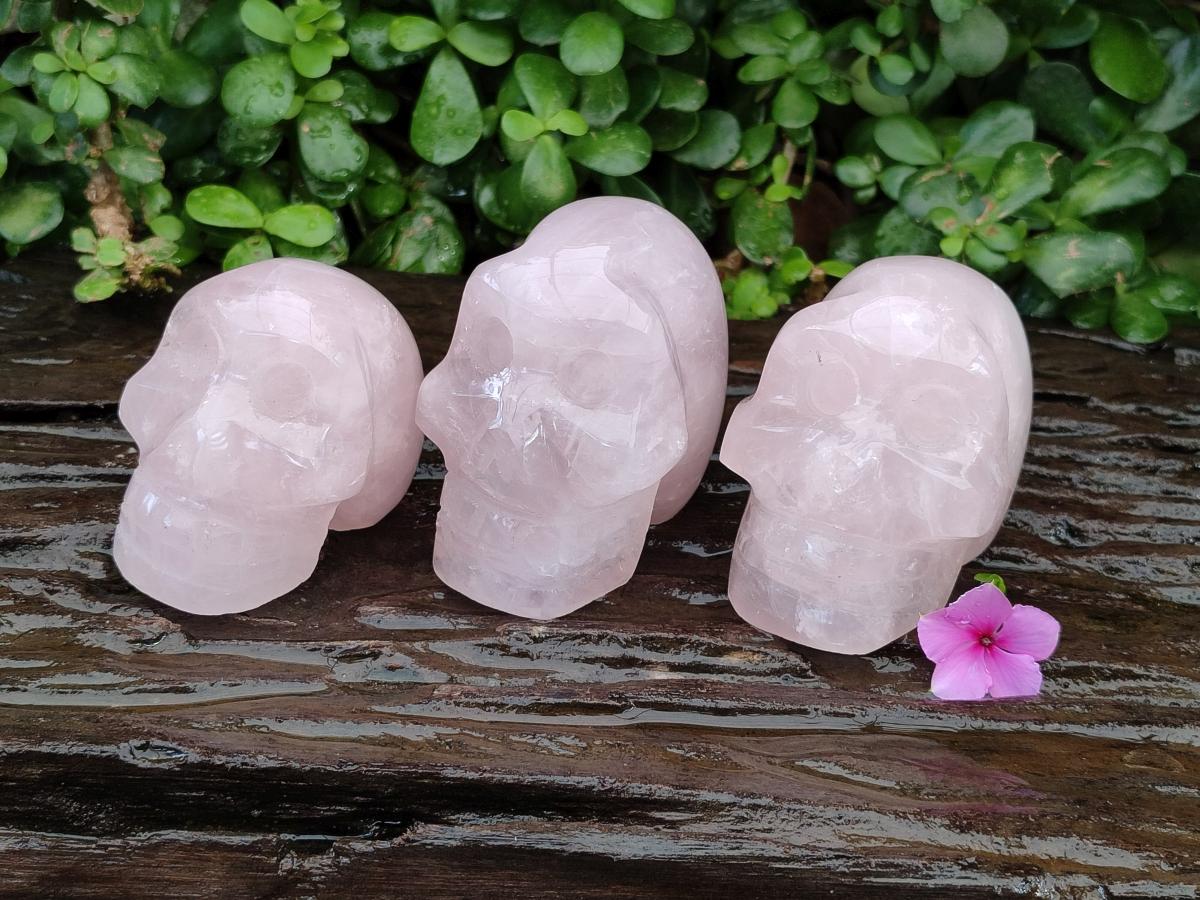 Hand Made Gemmy Rose Quartz Skull Carvings x 3 From Madagascar