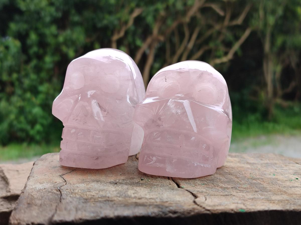 Hand Made Gemmy Rose Quartz Skull Carvings x 3 From Madagascar