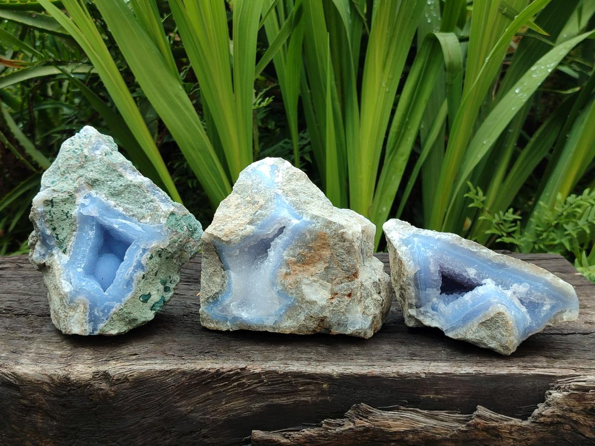 Natural Blue Lace Agate Geode Specimens x 3 From Nsanje, Malawi