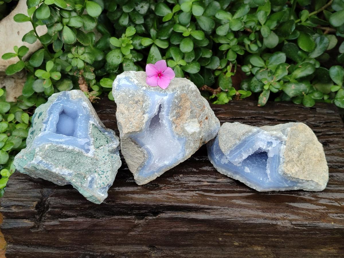 Natural Blue Lace Agate Geode Specimens x 3 From Nsanje, Malawi - Toprock Gemstones and Minerals 