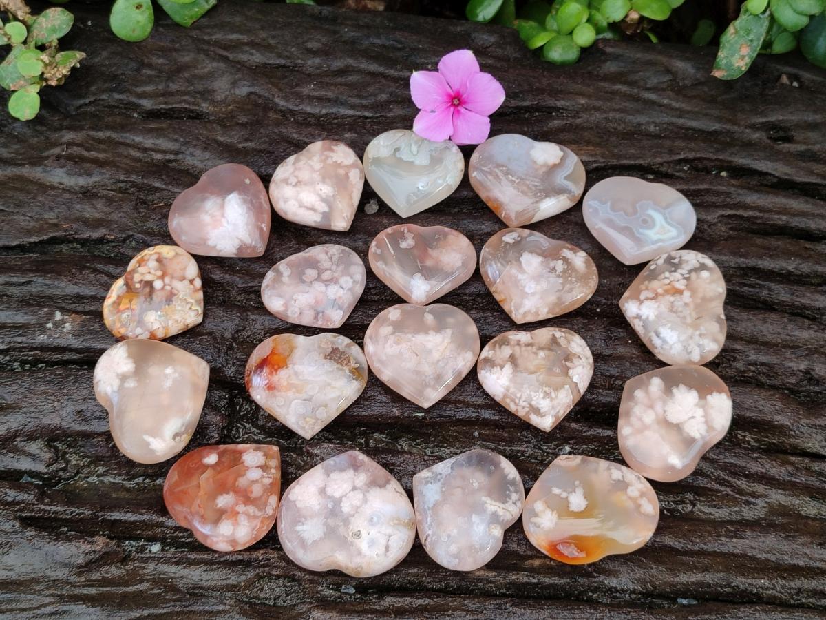 Polished Flower Agate Hearts x 35 From Antsahalova, Madagascar
