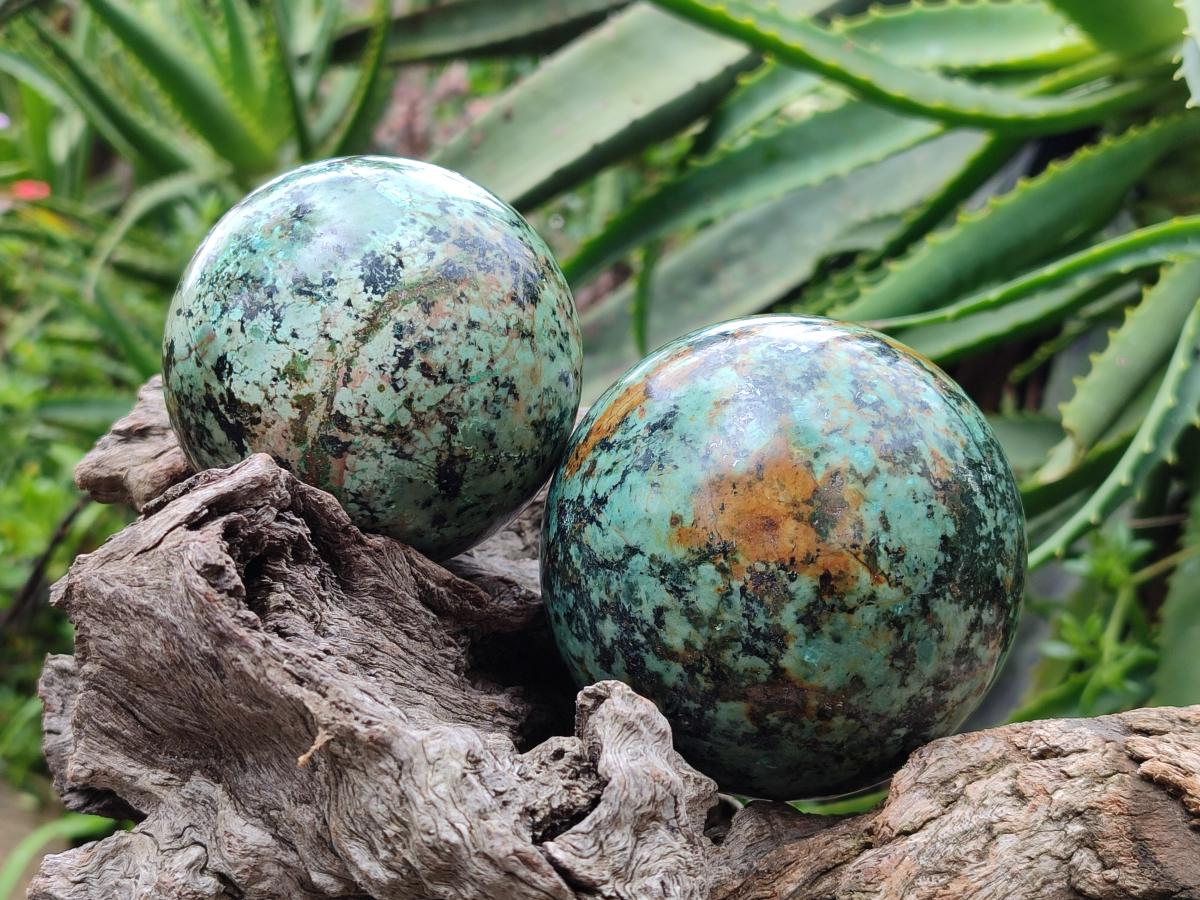 Polished African Turquoise Chrysocolla Spheres x 2 From South Africa