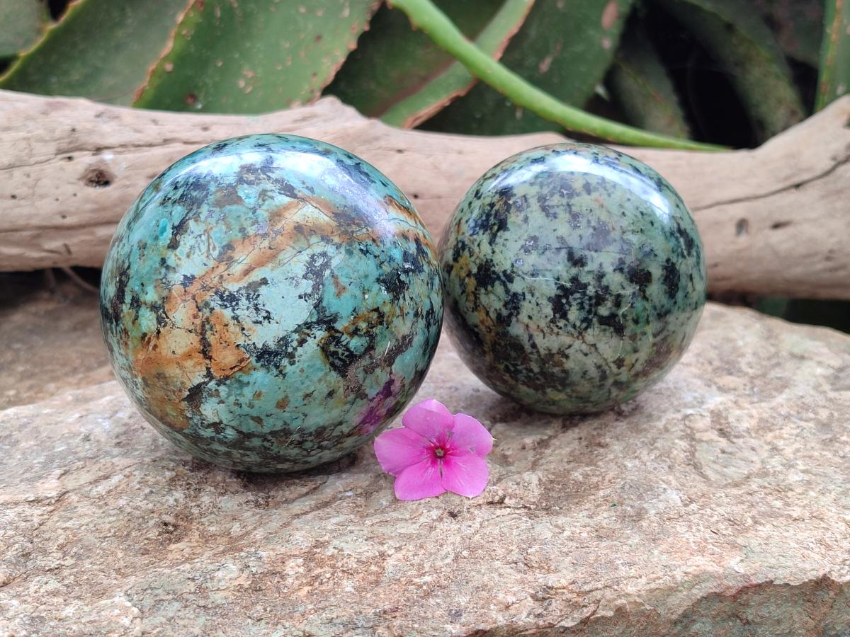 Polished African Turquoise Chrysocolla Spheres x 2 From South Africa
