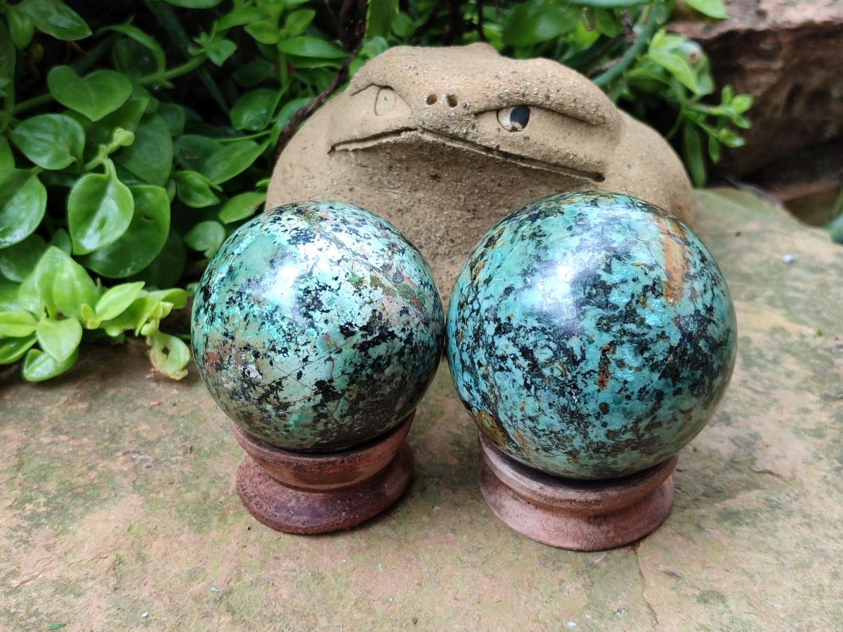 Polished African Turquoise Chrysocolla Spheres x 2 From South Africa