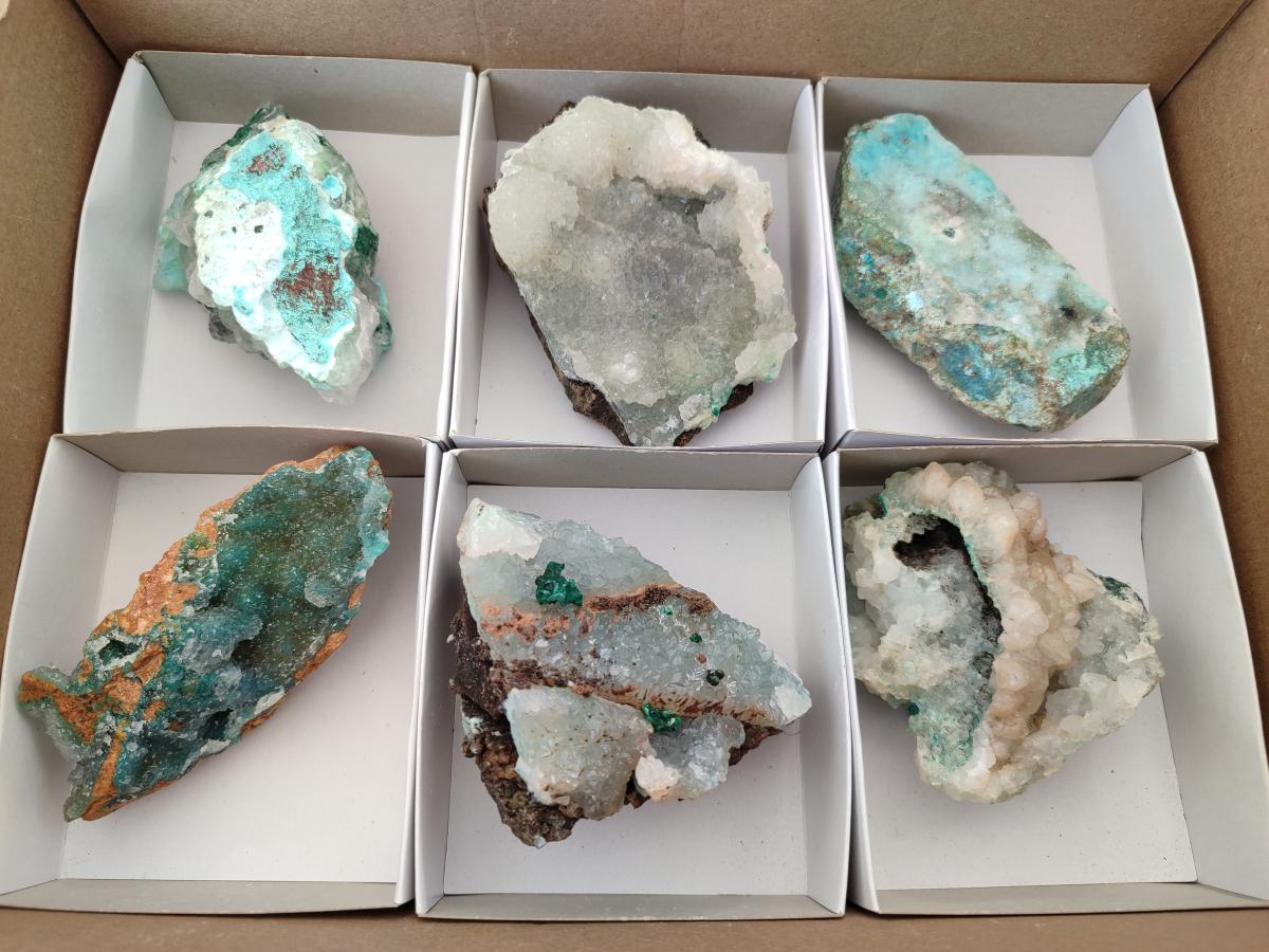 Natural Drusy Coated Chrysocolla with Malachite Specimens x 6 From Lupoto Mine, Congo
