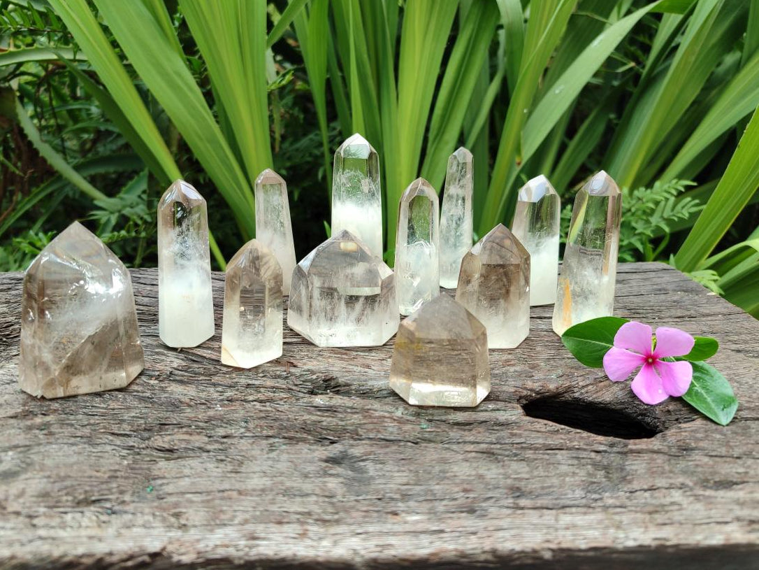 Polished Wispy Smokey Phantom Quartz Crystals x 12 From Akansobe, Madagascar
